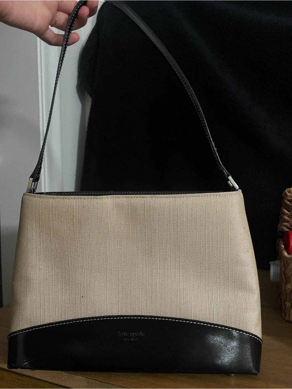 kate spade Cream Canvas and Black Leather Shoulder Bag